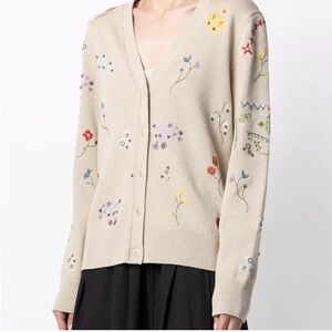 Tory Burch Beige Embroidered Embellished Floral Wildflower Simone Cardigan XL